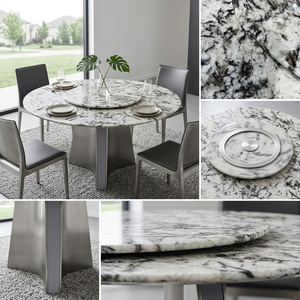 Tavolo da Pranzo Rotondo in Marmo Naturale Snow Mountain Flying Fox con Vassoio Girevole, Emana Stile Moderno e Lussuoso per la Casa - Product Image 3