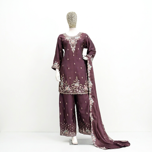 Elegant Purple Silk Salwar Kameez With Beaded Embroidery Wedding Wear Women Traditional Loose Fit <b>Ankle</b> Length Indian Pakistani - Product Image 1