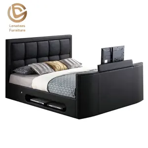 Cama king de couro legítimo tamanho completo, venda no atacado, moderna, estofado, tv cama