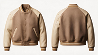 Veste universitaire classique en laine enduite de couleur beige avec manches en cuir PU, broderie de patch en chenille, lettres personnalisées