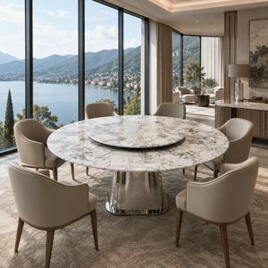 Table à manger personnalisée en marbre gris panda, plateau rond, style moderne, 6 places, pieds en métal, meubles en pierre - Product Image 4