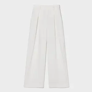 女性カジュアルな日常の衣装ホワイトリネン高層プリーツワイドレッグパンツ