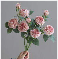 O-X975 Grosir Bunga Peony Buatan Tangan 3 Kepala dengan Pinggiran Halus, Bunga Sutra Eropa Putih Pink, Bunga Peony Palsu untuk Dekorasi