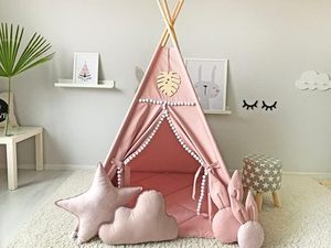 Tente conique pour enfants avec pompons blancs - Tente conique de jeu d'intérieur, <span class=keywords><strong>Tipi</strong></span> indien <span class=keywords><strong>rose</strong></span> - Product Image 1