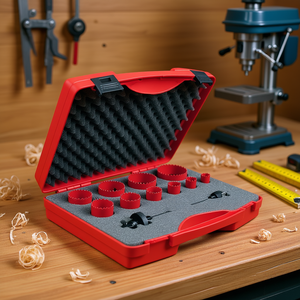 Juego de sierras perforadoras de 12 piezas con estuche rojo y espuma protectora para perforar agujeros en madera, metal y plástico - Product Image 3