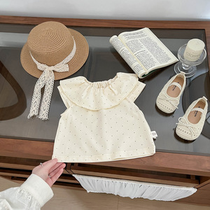 Conjunto de Ropa de Verano para Niña, Blusa con Cuello <span class=keywords><strong>Peter</strong></span> <span class=keywords><strong>Pan</strong></span> y Estampado de Lunares, Pantalones Cortos de Mezclilla con Estampado de Estrellas - Product Image 2