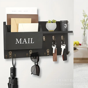 Solid Wood Wall Mounted Mail Organizer With <b>Hooks</b> And Storage Tray For Home Entryway Decoration - Product Image 2