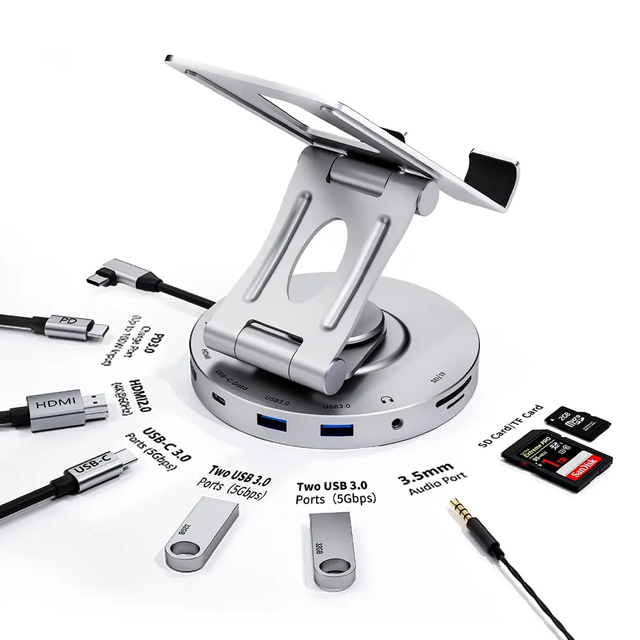 New Aluminum USB3.0 Docking Station Type-C Foldable Tablet Stand Adapter 8 in 1 USB 3.0 C Hub