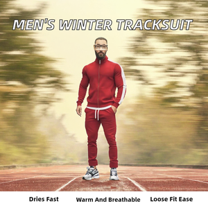 Ensemble de survêtement sportif rouge pour homme, manches longues, col montant, fermeture éclair, respirant, tenue d'automne, couleur unie, deux pièces - Product Image 2