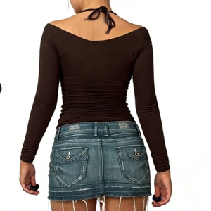 T-shirt décontracté pour femme à col halter, respirant, froncé, épaules dénudées, manches longues, coupe classique, tendance - Product Image 2