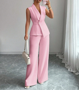 Conjunto de Pantalones y Blusa sin Mangas con Cuello en V, Transpirable, de Spandex/Poliéster, Elegante e Informal para el Trabajo, para Mujer, Regalos IStapromo de Verano - Product Image 6