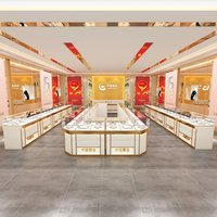 Vitrine de présentation de bijoux de luxe personnalisée, verre trempé, cadre en métal doré, panneaux en MDF, éclairage LED, design complet d'ameublement de magasin