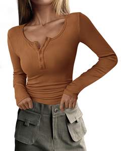 Chemisier lourd à manches longues chemises femmes 2025 automne à manches longues t-shirts bouton côtelé tricot coupe ajustée décontracté basique hauts - Product Image 1