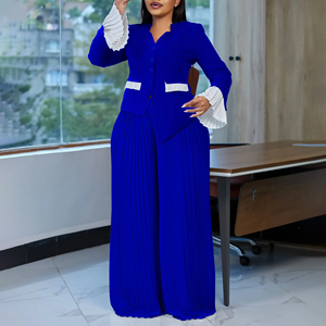 Ensemble Deux Pièces <span class=keywords><strong>Femme</strong></span> Tendance D553, Haut Élégant à Manches Évasées et Pantalon Plissé Large, Tenues Africaines <span class=keywords><strong>pour</strong></span> Femmes - Product Image 4