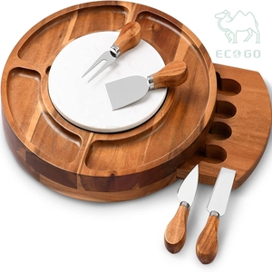 Juego de Regalo Redondo, Bandeja para Servir Comida para Fiestas, Tabla de Charcutería de Madera de Acacia, Tabla de Quesos de Madera con Cuchillos - Product Image 1