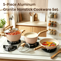Ensemble de 5 ustensiles de cuisine en aluminium avec revêtement antiadhésif en granit |   Compatible avec toutes les plaques de cuisson |   Poignée en bakélite anti-brûlure à effet bois