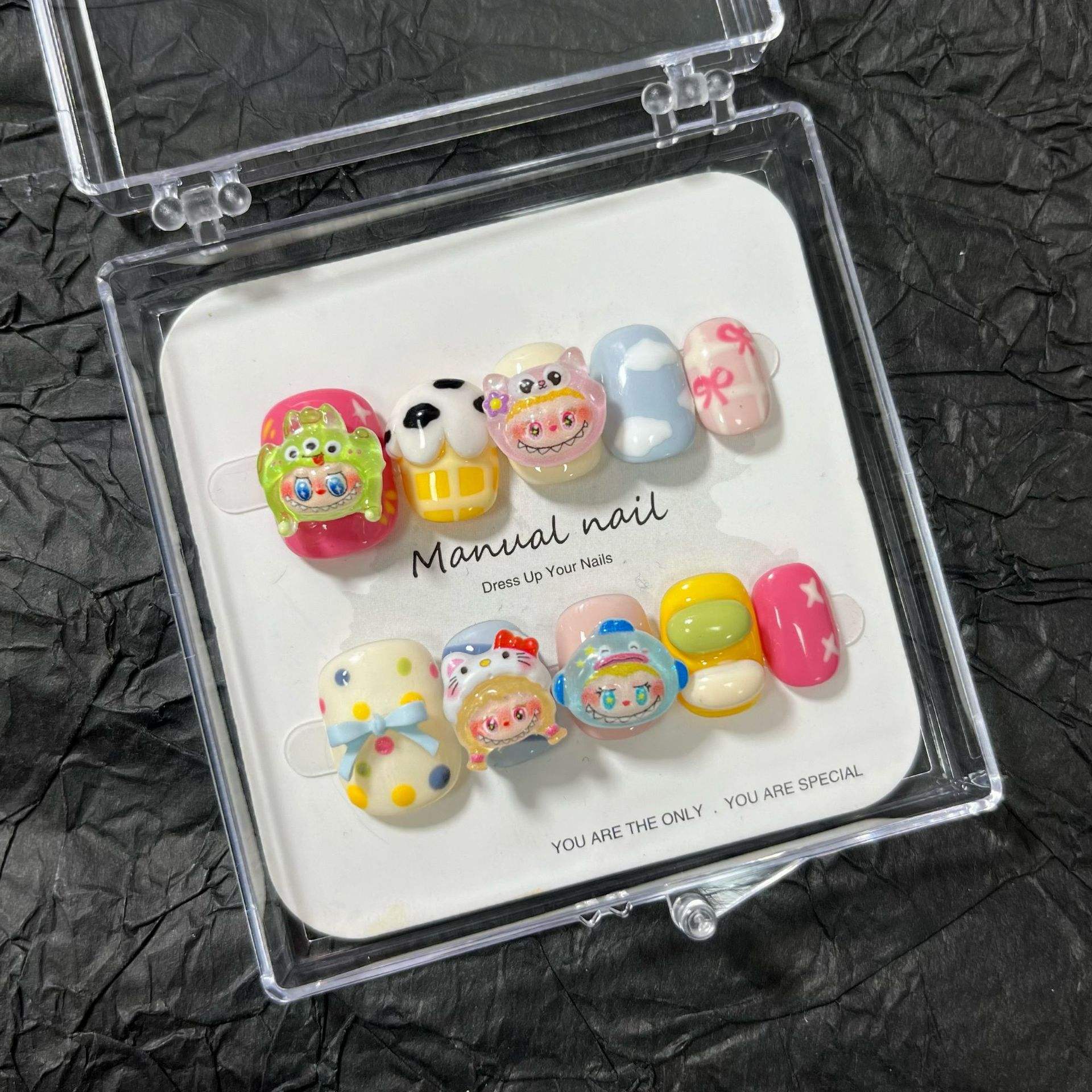 Popular Hot Sale False Fingernails Cartoon Kawaii Short Square Round Labubu Handmade Luxury Press on Nails for Glirls Nail Art