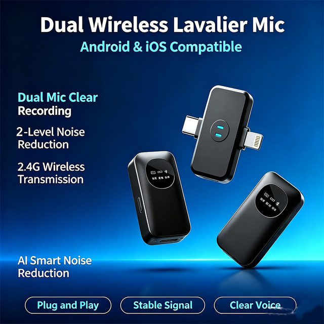 Portable 2.4GHz Wireless Lavalier Mic AI Noise Reduction 150mAh Battery Compact Plug & Play Microphone for IOS Android Phone
