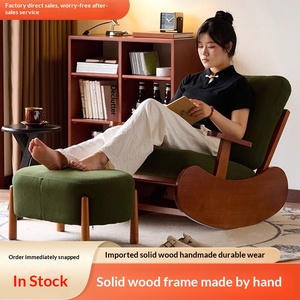 Fauteuil à bascule simple en bois massif de style nordique rétro, en tissu, pour personne paresseuse, fauteuil inclinable pour adulte, pour balcon, chambre, loisirs, usage domestique, léger - Product Image 2
