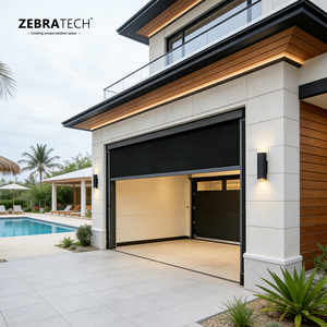 Stores à enroulement modernes de <span class=keywords><strong>grande</strong></span> <span class=keywords><strong>largeur</strong></span> pour extérieur avec moteur électrique, rail à fermeture éclair et <span class=keywords><strong>tissu</strong></span> filtrant la lumière imperméable pour terrasse - Product Image 2