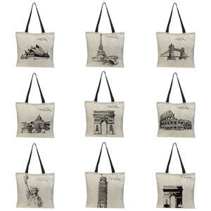 Dames sacs à provisions avec Logos <span class=keywords><strong>Paris</strong></span> Style tour imprime sac fourre-tout Shopping lin tissu beaux sacs à provisions réutilisables - Product Image 1
