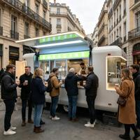 Fourgonnette compacte aménagée en cuisine mobile, Food Truckette conduite à la main avec évier et réfrigérateur intégrés pour les entrepreneurs solo en voyage d'affaires