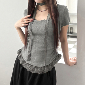 Camiseta de Manga Corta Estilo Coreano, con Encaje, Cuello Redondo, Ajustada, Ecológica, con Cintura Plizada, Versátil e Irregular - Product Image 3