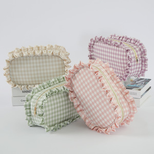 Monogram Dây Kéo Cho Vệ Sinh Cá Nhân Mỹ Phẩm Trang Điểm Túi Rô Gingham Cotton Pouch Ruffle Làm Túi Cho Phụ Nữ Món Quà Sinh Nhật - Product Image 1