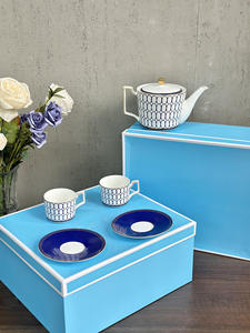 Service à thé en porcelaine bleue de style nordique minimaliste de haute qualité, motif circulaire, comprenant soucoupe et tasse à café - Céramique royale pour - Product Image 6