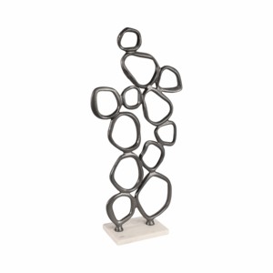 Scultura astratta in metallo con dettagli a anello su base in marmo per mensola o tavolino da caffè. - Product Image 2