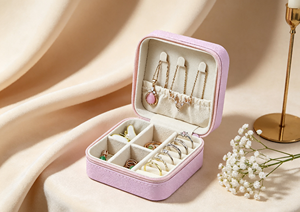Estuche de Joyería Cuadrado Portátil de Alta Gama, Cierre Magnético, Tela de Cuero Sintético Rosa Claro, Diseño con Cierre de Cremallera, Múltiples Ganchos para Pendientes - Product Image 5