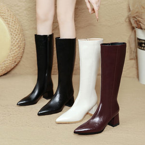 Mode femmes talons <span class=keywords><strong>bottes</strong></span> chaussures talon carré <span class=keywords><strong>bottes</strong></span> au genou quotidien élégant talon haut en <span class=keywords><strong>cuir</strong></span> PU extérieur chaussons courts pour dames - Product Image 2