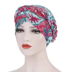 Knotted Turban Flower Print StainHead Wrap Silky Turban For Women Hairband