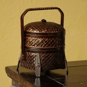Handmade Rattan Woven Basket Round Double Layer Food <b>Container</b> With Handle Standing Type Home Use - Product Image 1