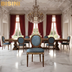 Sillas de Comedor de Estilo Francés con Encanto Atemporal, Estructura de Madera Maciza con Decoraciones de Hoja de Oro y <span class=keywords><strong>Asiento</strong></span> de Terciopelo Azul Vintage Teñido a Medida - Product Image 4