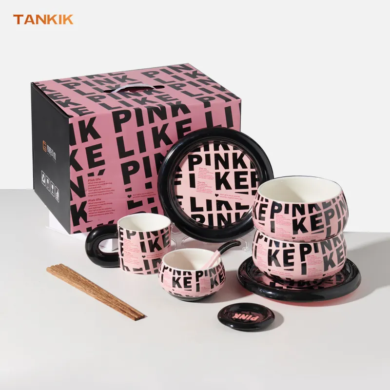 Black Pink Series 6 Pcs Dinnerware Set Nordic INS Style Cool Fashion Gift Ceramic Porcelain Tableware Set