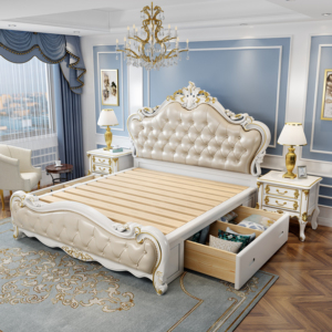 Luxury Tufted Upholstered King Size Bed, Classic Carved Solid Wood Double Bed Frame for Bedroom Furniture - Product Image 1
