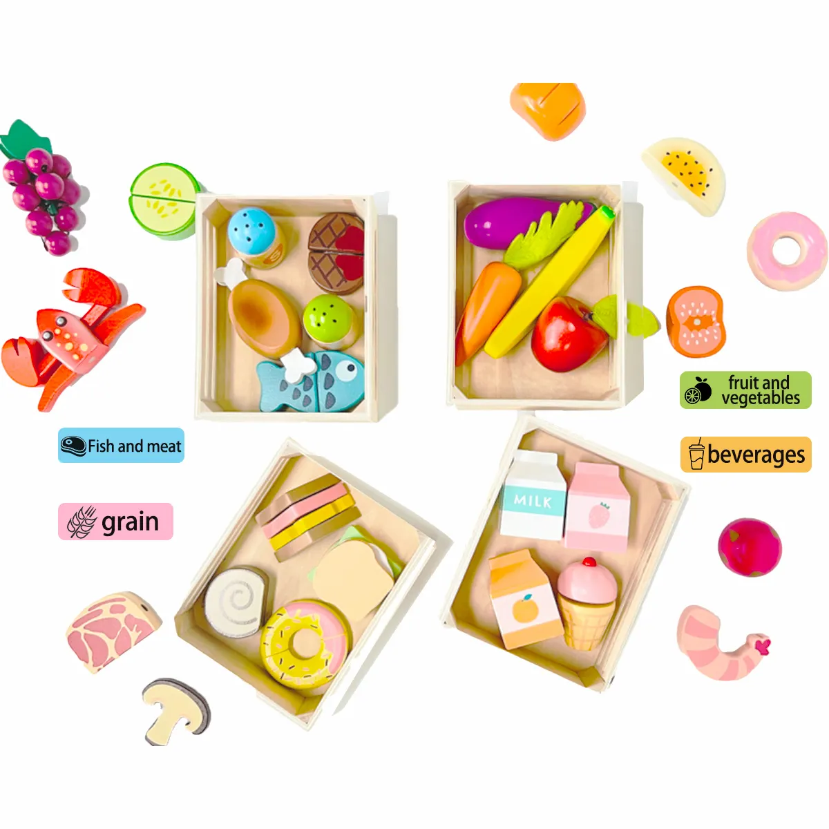 27 pièces en bois et 4 caisses multi-jeux pour enfants cuisine simulation fruits jouet nourriture pour les tout-petits et les enfants de 3 ans et plus