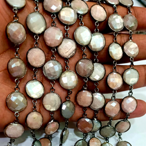 Cadena con Conector de Bisel de 12mm, Piedras Naturales de Luna Multicolor en Forma de Moneda, Briolette con Recubrimiento Místico - Product Image 1