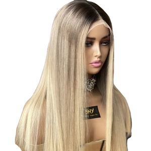Perruque en dentelle frontale blonde en cheveux humains vierges européens en gros, densité 180%, bonnet transparent, sans colle, lisse, pour femmes - Product Image 1