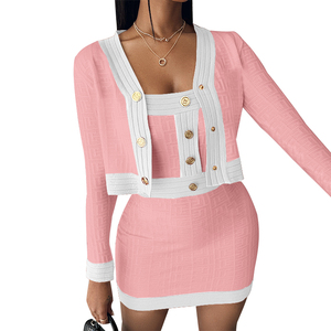 Completo Casual da Donna in Due Pezzi, Abito con Patchwork Colorato e Cardigan, Set Maglione per Confraternite - Product Image 6
