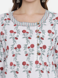 Nouvel arrivage : Ensemble Kurti en coton à imprimé floral fait main pour femme, coupe ample, robe midi avec fermeture boutonnée pour le quotidien - Product Image 2
