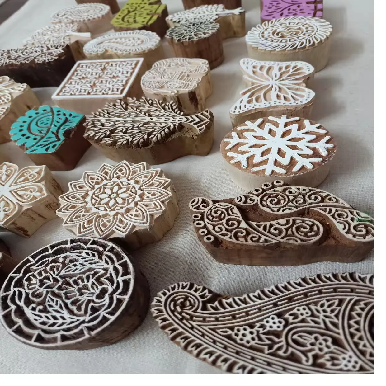 Custom made wooden textile and henna mini printing blocks ideal for textile and garment printing suitable for henna artists
