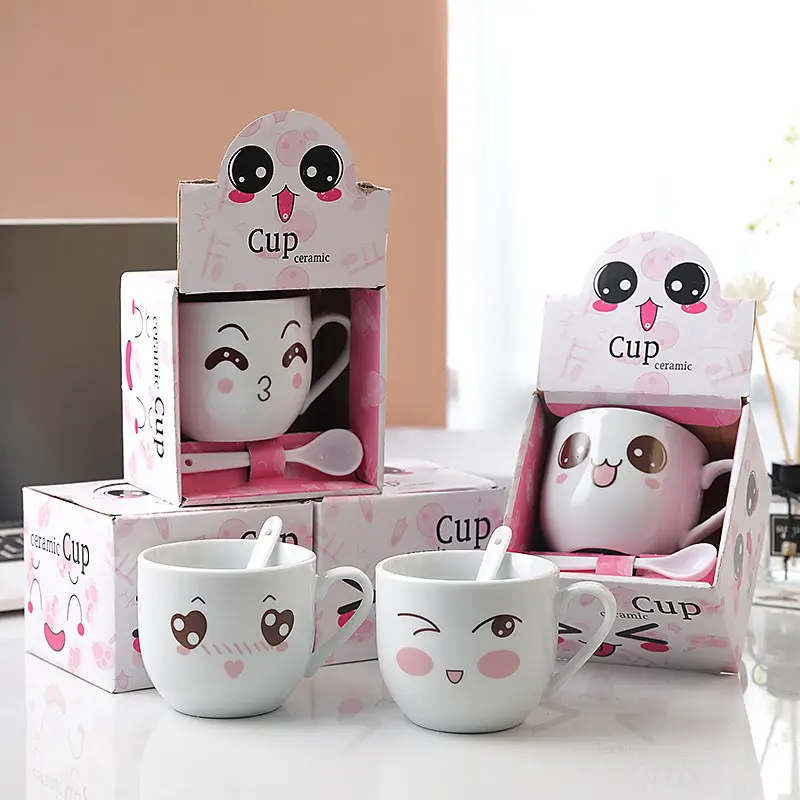 Beyaz karikatür tasarım bardak ve kupa hediye kutusu paketi, porselen, seramik yüzler kupalar, toptan, Modern, sevimli, üreticiler
