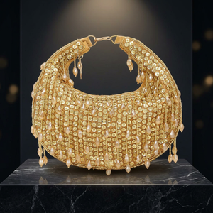Pochette demi-lune dorée ornée de perles, de paillettes et de pompons, sac à main scintillant pour soirées et mariages - Product Image 2