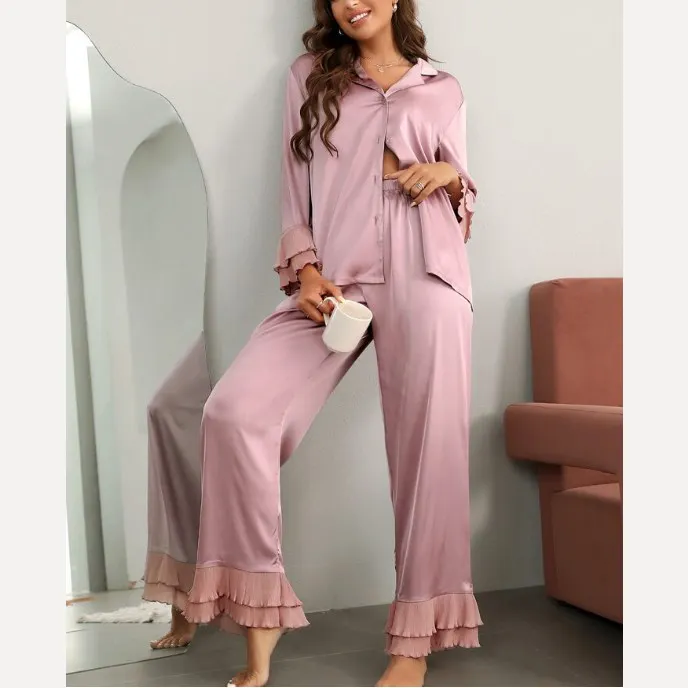 Luxury Winter Long Pyjamas Set For Women's Sleepwear Notch Collar Satin Blouse and Ruffle Hem Pants Pajama S