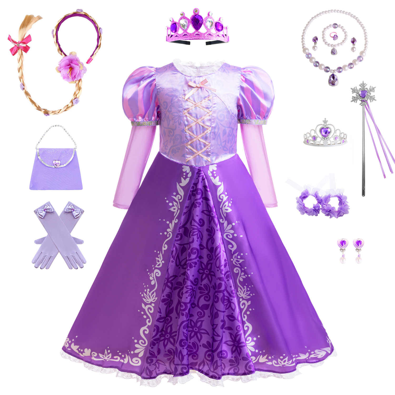 Long Sleeve Rapunzel Sofia Dress Girl Flower Patter Purple Princess Costumes Halloween Dress up for Cosplay Party Carnival 3-13Y
