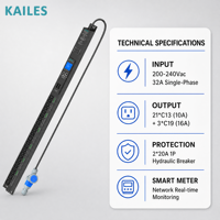 KAILES(KLS) Smart MC PDU 32A 200-240V avec 24 prises (21 C13 3 C19) Compteur intelligent Montage en rack industriel Noir 7680W Charge maximale