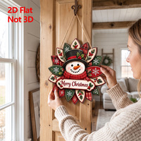 Décoration de Noël en bois 2D : Couronne avec motifs flocon de neige et houx, Père Noël, bonhomme de neige, élan, à suspendre à la maison