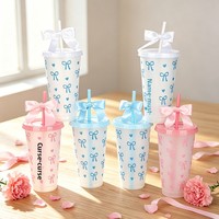Nouvelle bouteille en plastique de 24 oz avec paille et nœud, idéale pour jus, boissons et eau, parfaite comme cadeau pour fille.
